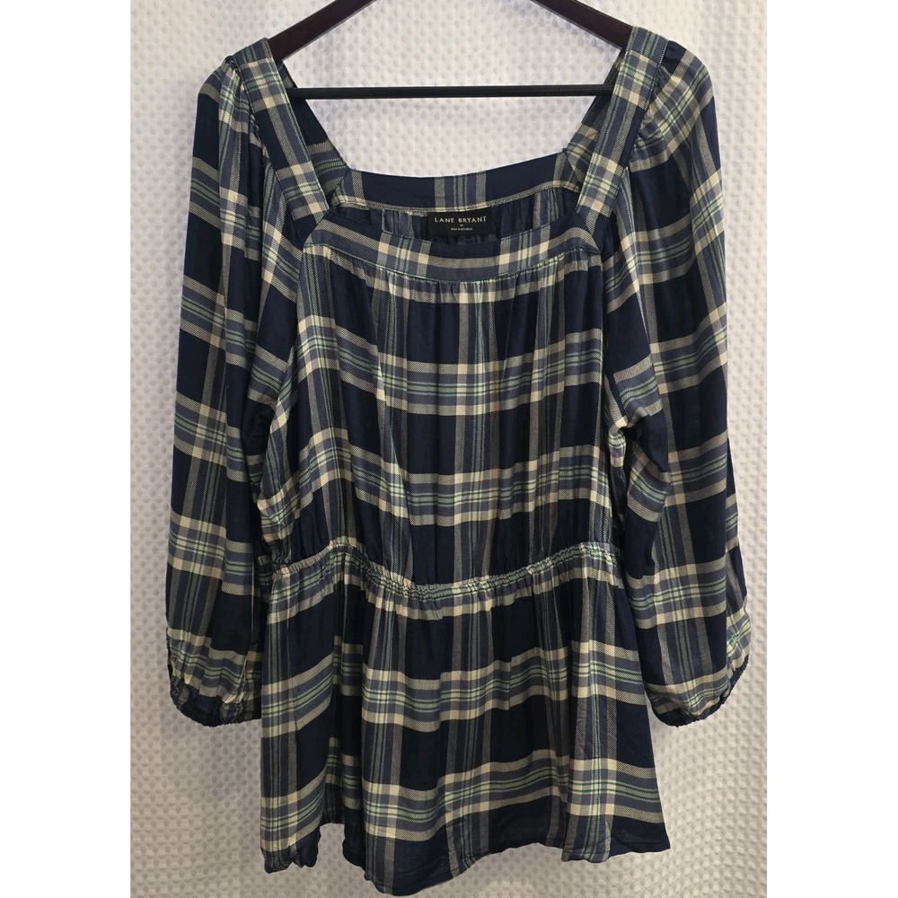 NEW Lane Bryant 3/4 Sleeve Square Neck Peplum Top Blue Plaid Shirt Plus Size 18